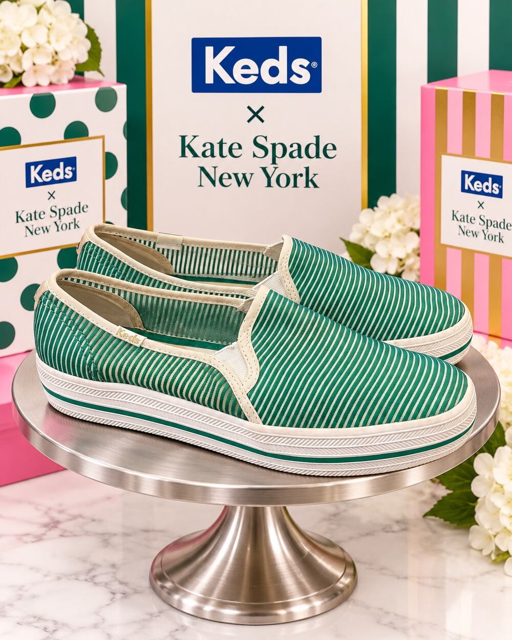 Keds x Kate Spade Triple Decker Green Striped Slip-On Sneakers Size 6.5